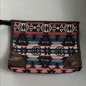 Tribal Pattern Clutch with Leather Accents
